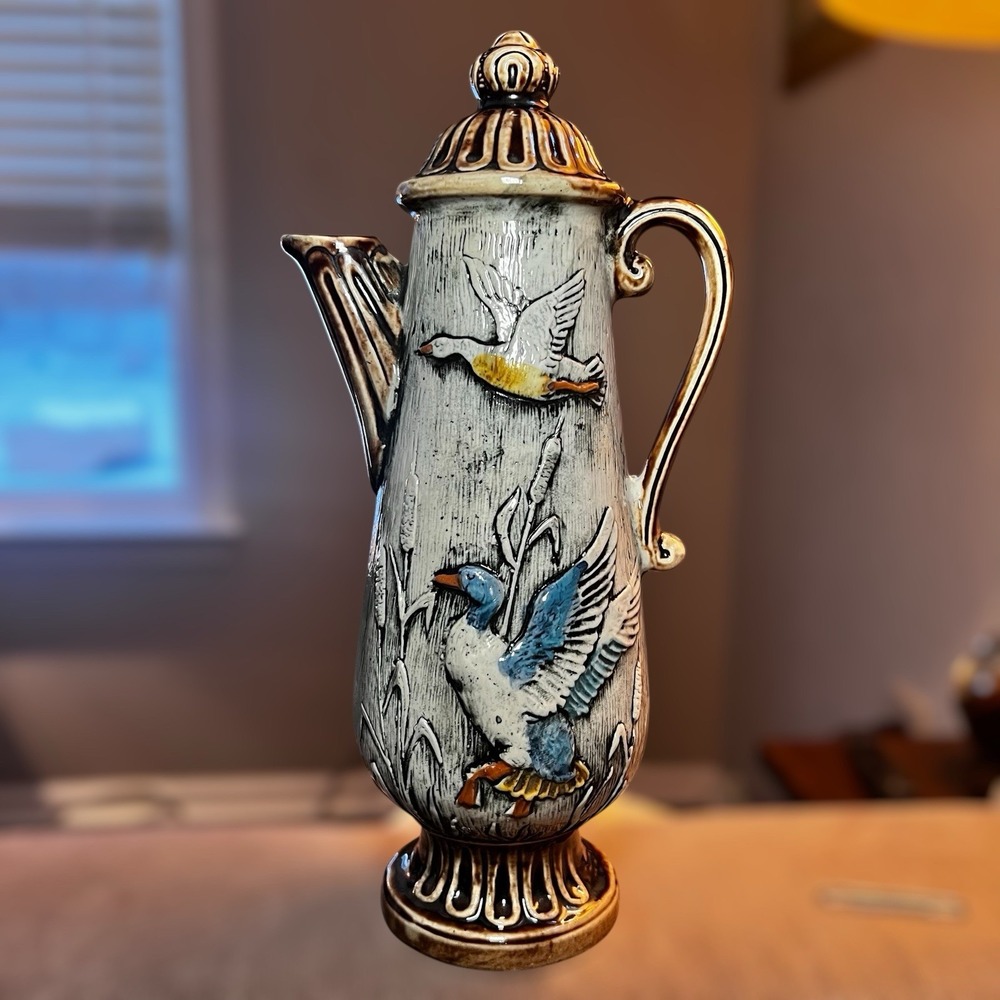 Vintage Italian Hand Painted BISCHOFF CHERRY Wine Decanter Ducks at Pond MCM Art